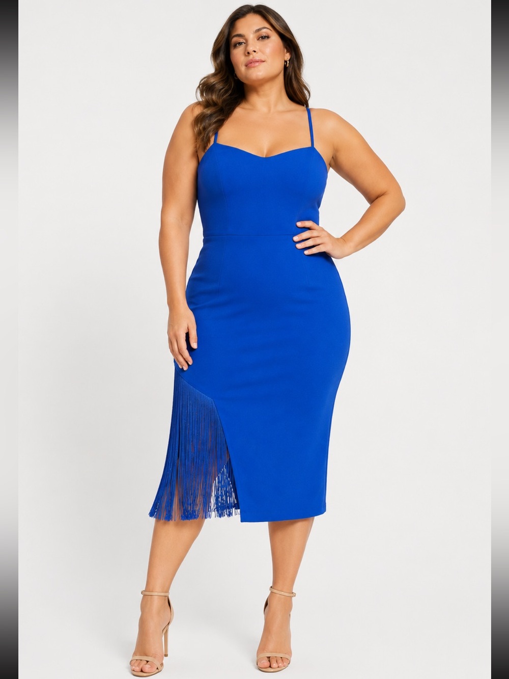Dress the Population Rory Fringe Midi Dress Electric Blue XXL  (12/14)